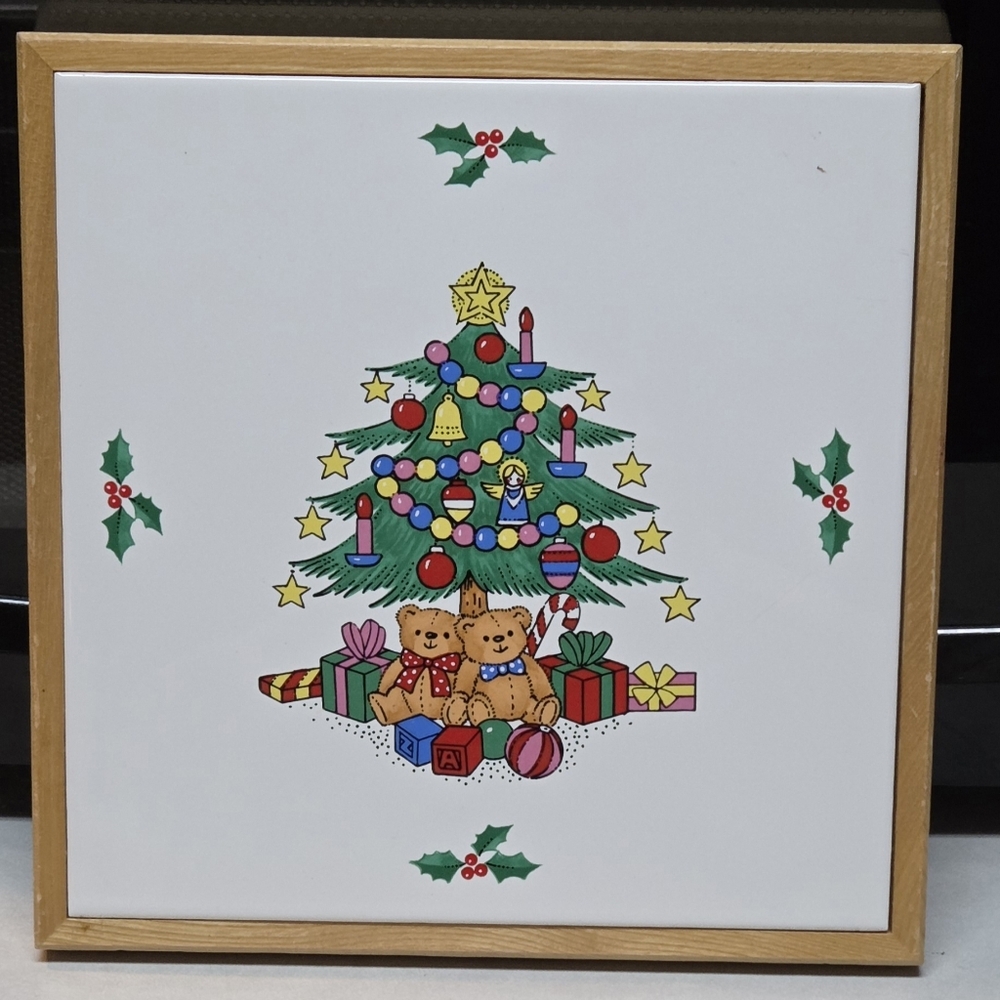 Vintage Christmas Tree Holly Teddy Bears Tile Trivet Made in Italy